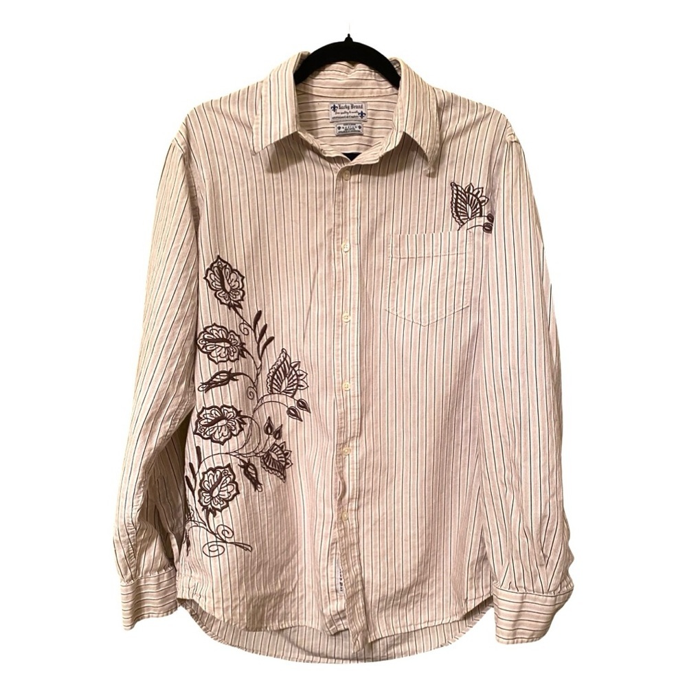 Lucky Brand Men’s Shirt Medium Embroidered Long Sleeves Brown Stripes Cotton